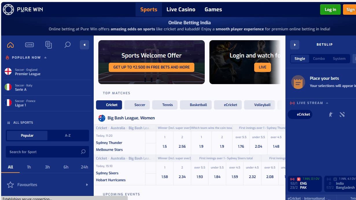 Pure Win sports betting interface