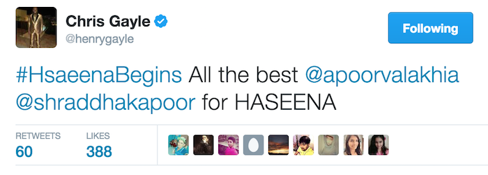 Chris Gayle tweet to Shraddha Kapoor