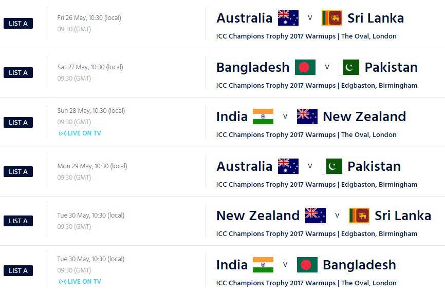 Champions Trophy 2017 Warm-up schedule