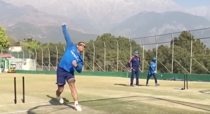 MS Dhoni bowling in the nets