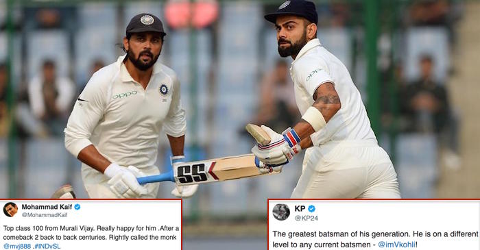 Cricket fraternity reacts as Virat Kohli and Murali Vijay mauled Sri Lanka on Day 1 of the Kotla Test