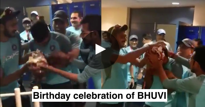 VIDEO: Axar Patel, Yuzvendra Chahal smears cake on Bhuvneshwar Kumar’s face as MS Dhoni holds the pacer from back