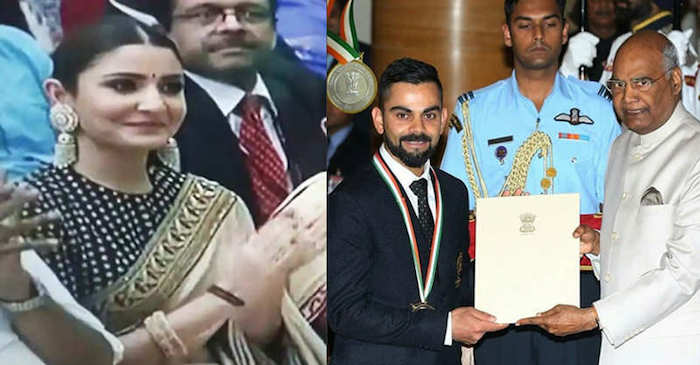 WATCH: Anushka Sharma applauds Virat Kohli as he receives Khel Ratna Award