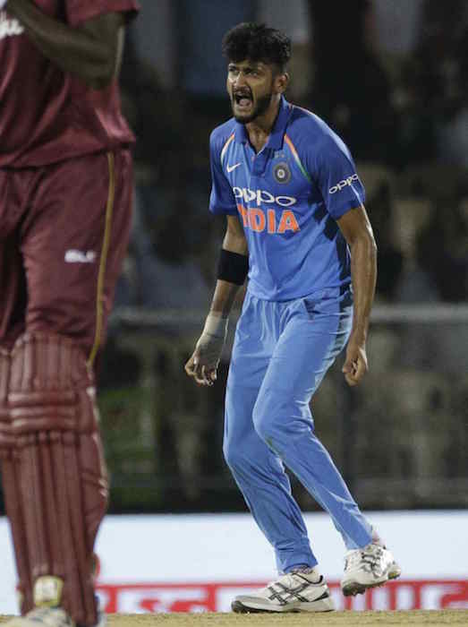 Khaleel Ahmed celebrates the dismissal of Marlon Samuels during the fourth ODI between India and West Indies in Mumbai