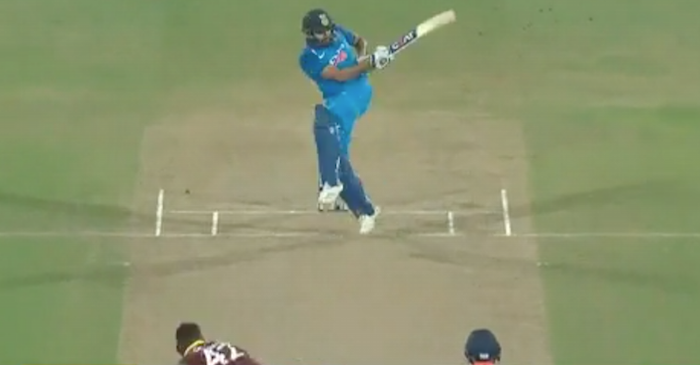 WATCH: Rohit Sharma hits a six on one leg to Windies debutant Oshane Thomas