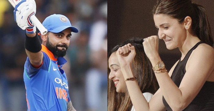 Anushka Sharma celebrates for Virat Kohli becoming the fastest batsman to score 10,000 ODI runs