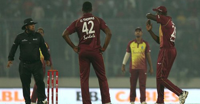 Furious Carlos Brathwaite asks for a DRS after an incorrect no ball call