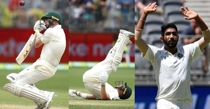 Marcus Harris hit on the helmet by Jasprit Bumrah during third day of Perth Test