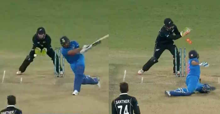 Rohit Sharma dives backward to save his wicket but fails badly