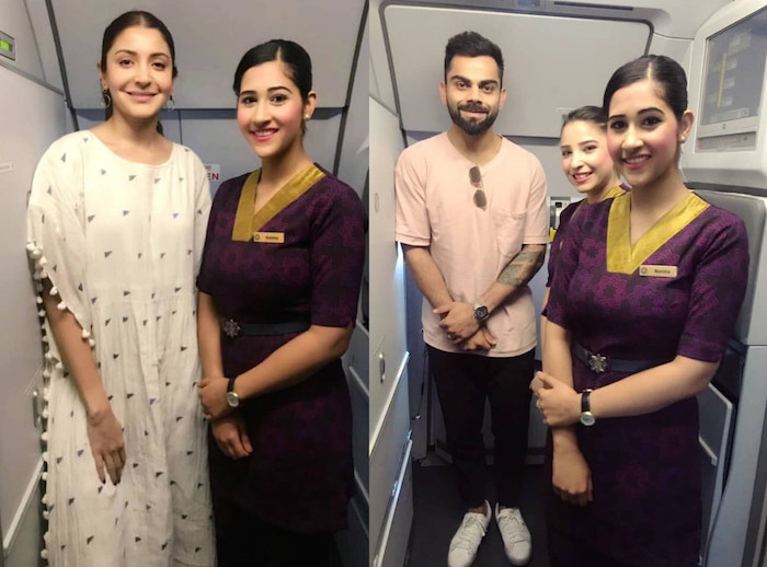 Anushka Sharma, Virat Kohli with cabin crew