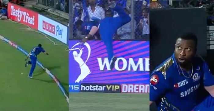 IPL 2019 – WATCH: Kieron Pollard goes tumbling after a sloppy fielding attempt (MI vs SRH)