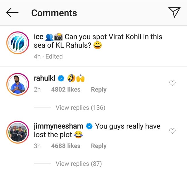 James Neesham and KL Rahuls reply on ICC post