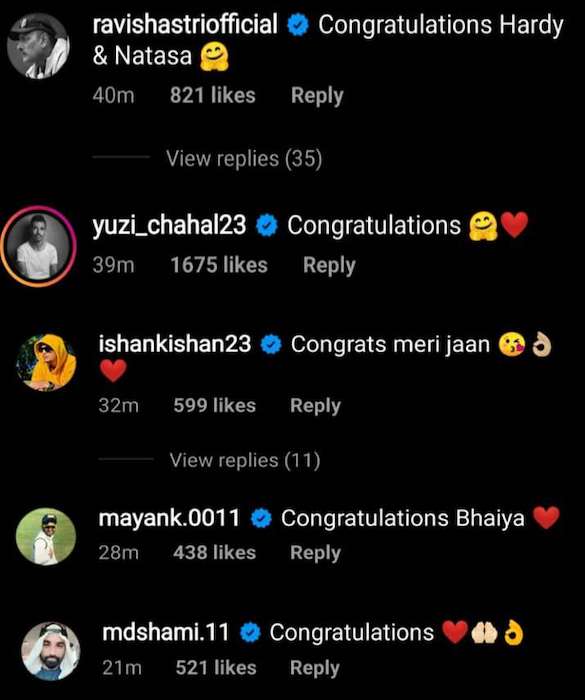 comments on Hardik Instagram