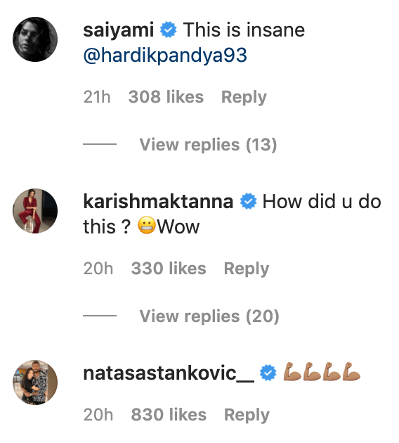 Bollywood actresses comment on Hardik Pandya Instagram