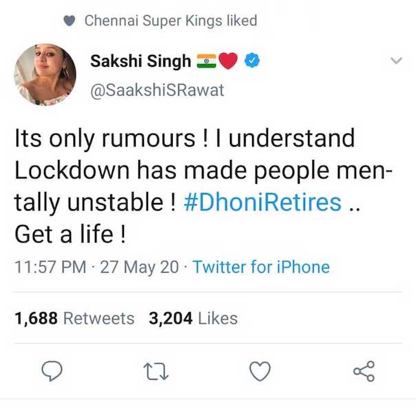 Sakshi tweet on #DhoniRetires