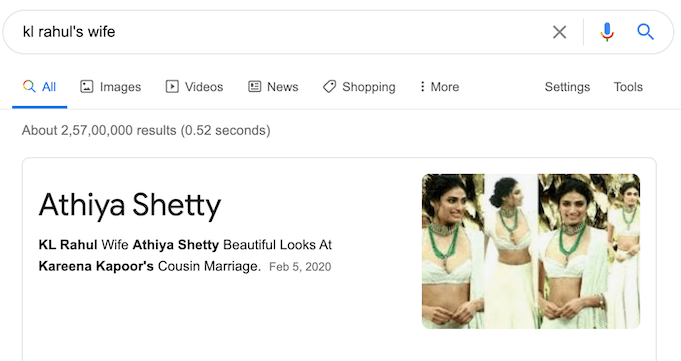 Google goof - KL Rahul wife as Athiya Shetty