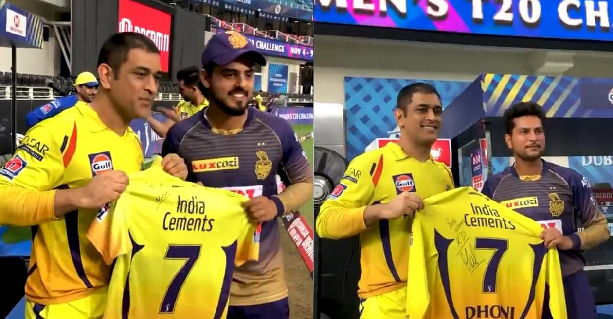 IPL 2020 – WATCH: MS Dhoni gifts his No. 7 jersey to Nitish Rana and Kuldeep Yadav after CSK vs KKR clash