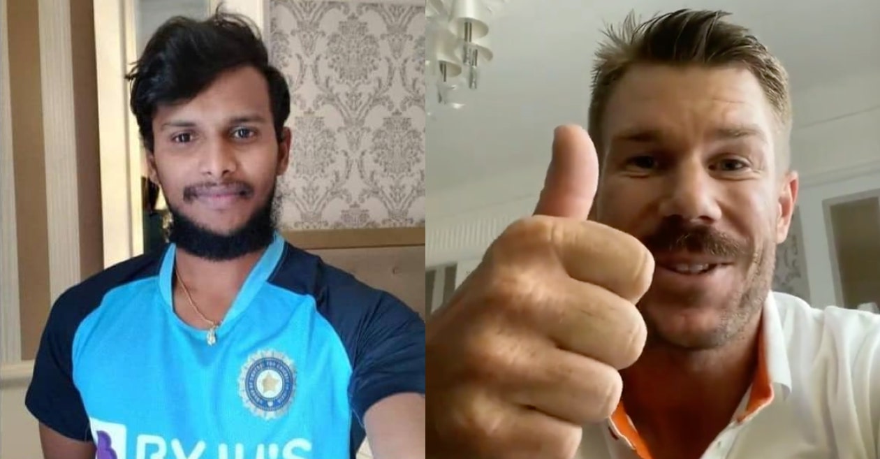 SRH captain David Warner congratulates T Natarajan for his maiden India call-up