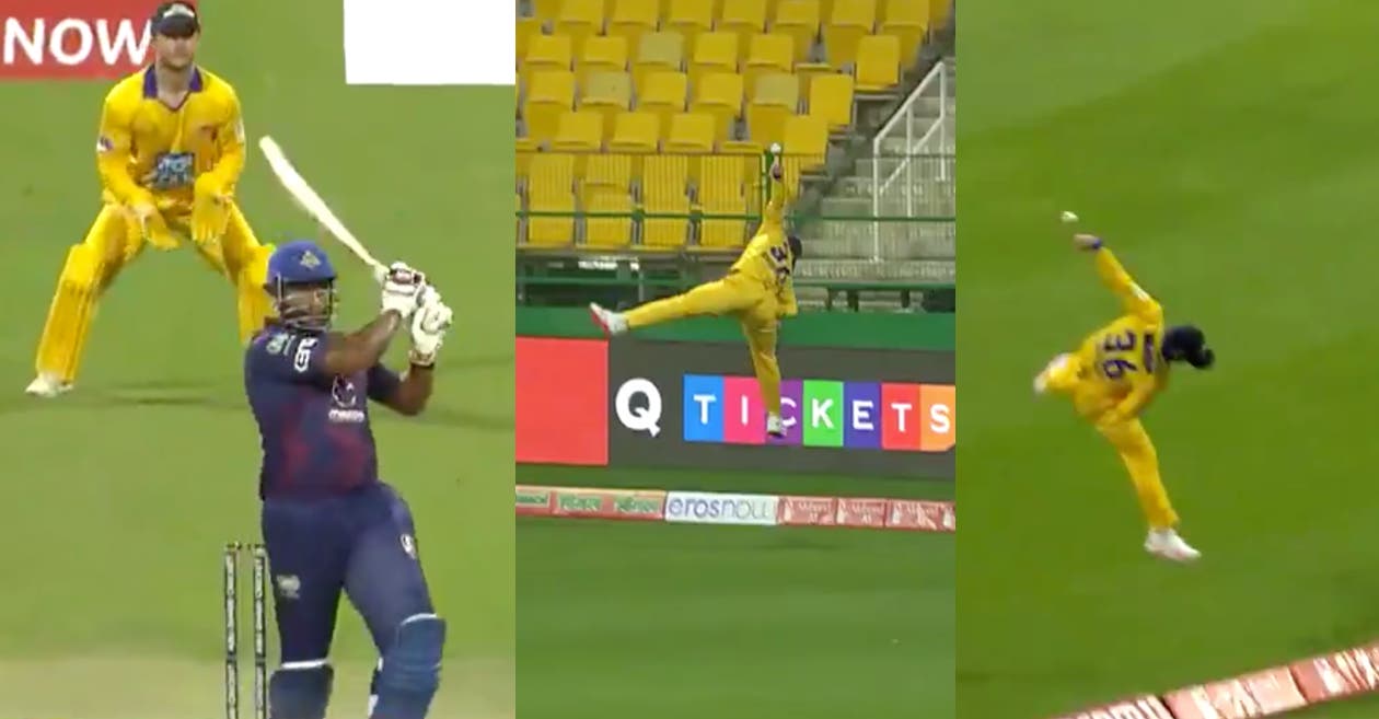 WATCH: Usman Shinwari’s breathtaking fielding effort at the boundary to stop a Kieron Pollard six in T10 League