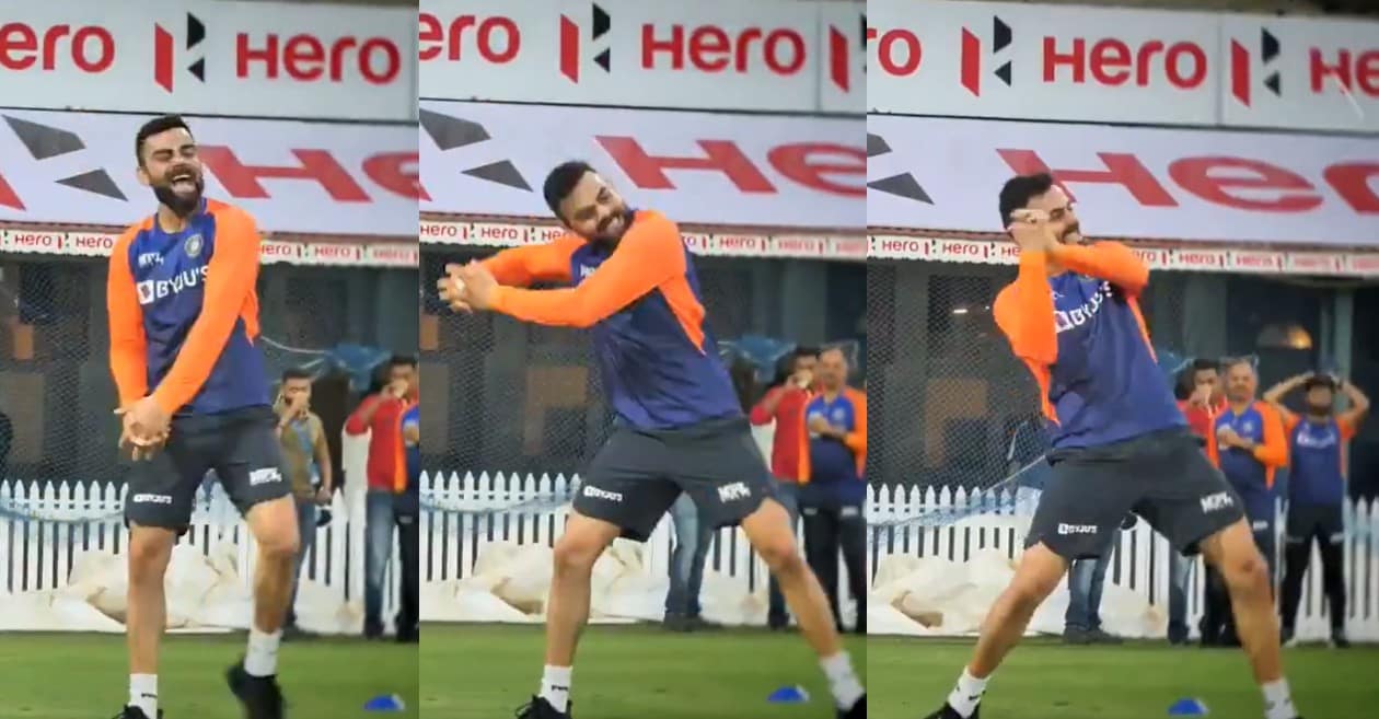 WATCH: Virat Kohli plays an imaginary ‘Helicopter’ shot during the practice session