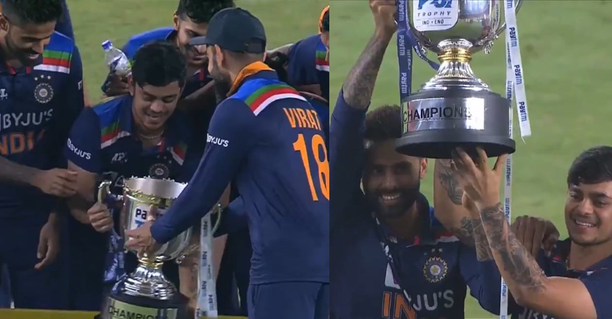 WATCH: Virat Kohli hands over the trophy to Suryakumar Yadav, Ishan Kishan after India beat England 3-2