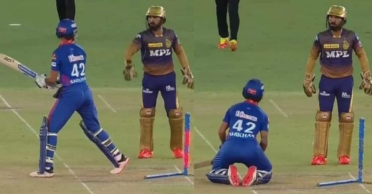 IPL 2021 – WATCH: Shikhar Dhawan hilariously drops to his knees on Dinesh Karthik’s stumping appeal