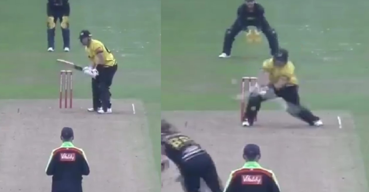 WATCH: Glenn Phillips reverse scoops a Daniel Douthwaite delivery for six during the T20 Blast 2021 match