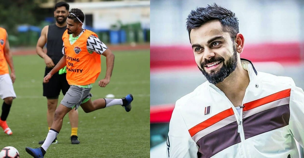 Virat Kohli reacts as Shreyas Iyer shares pictures of a football game featuring MS Dhoni and Ranveer Singh