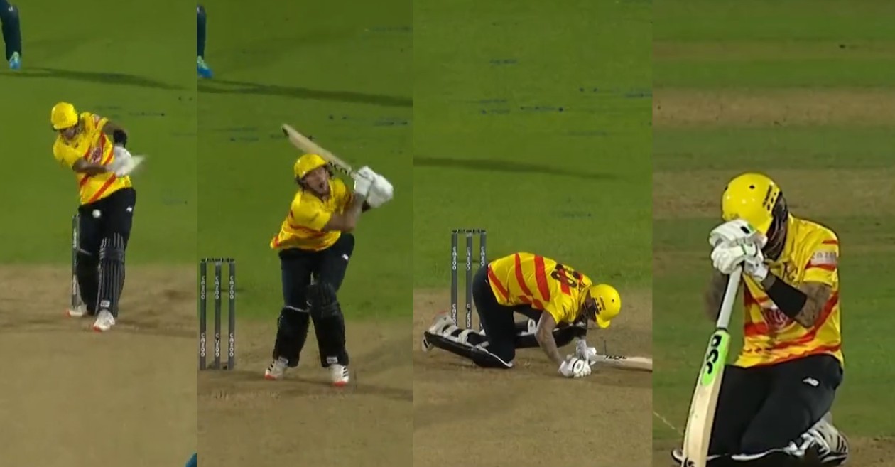 WATCH: Alex Hales gets hit on the box twice while facing Reece Topley in The Hundred