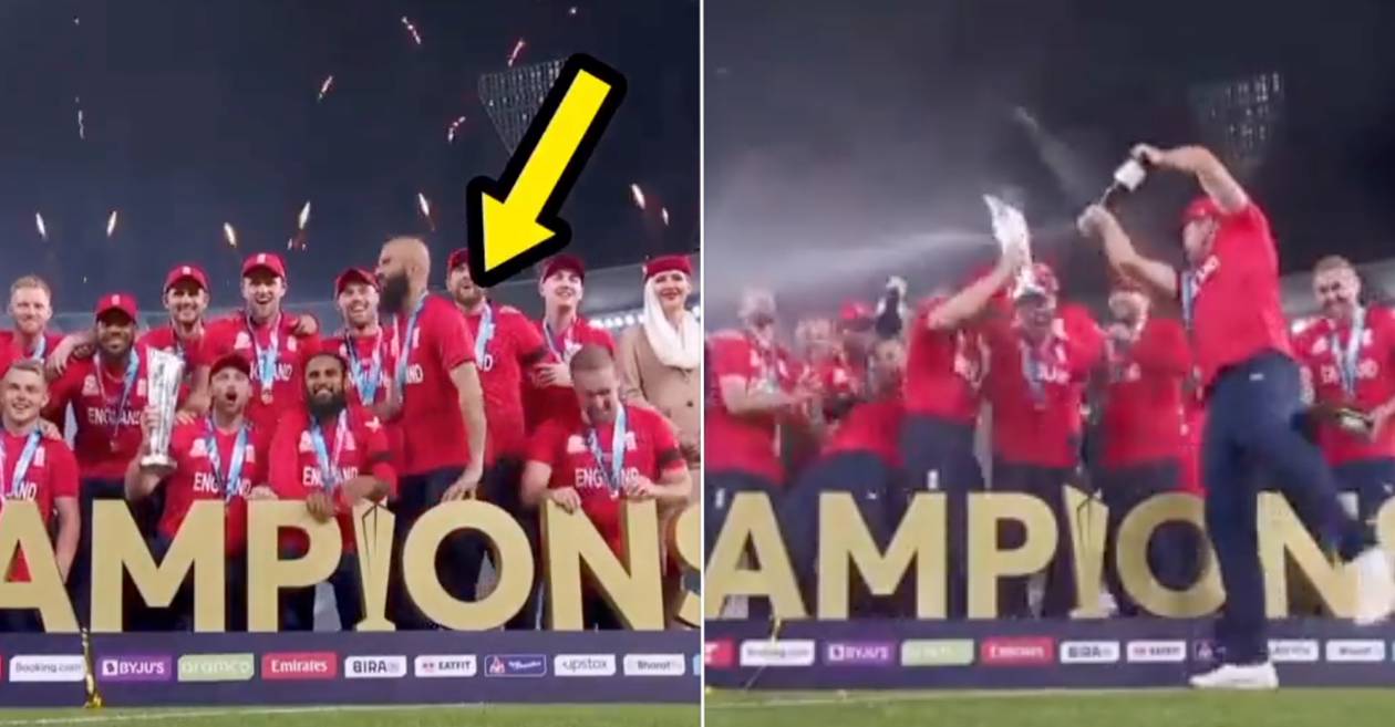 WATCH: England players wait for Moeen Ali, Adil Rashid to step aside before bursting into champagne shower