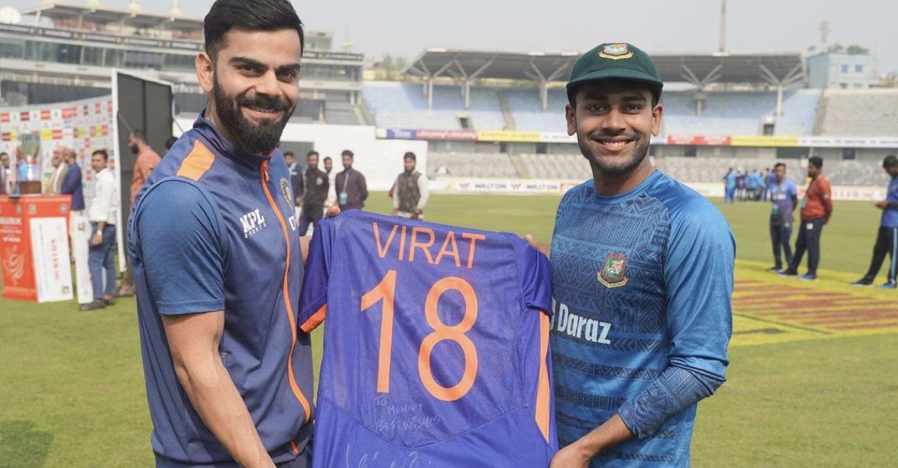 BAN vs IND: Mehidy Hasan Miraz reacts after receiving a signed jersey from Virat Kohli