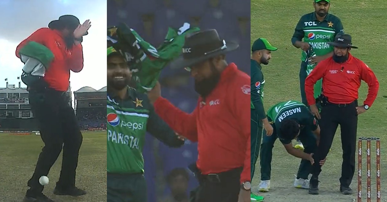 WATCH: Aleem Dar throws Haris Rauf’s jersey in frustration after getting hit by a ball – PAK vs NZ 2nd ODI