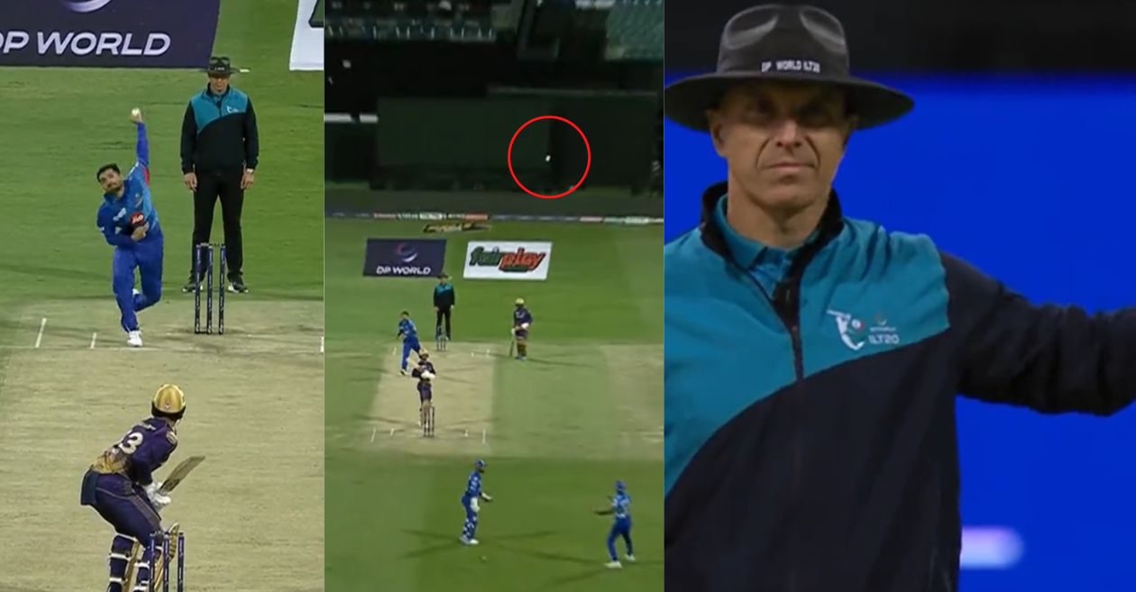 WATCH: Fazalhaq Farooqi sends the ball to the moon during Abu Dhabi Knight Riders vs MI Emirates clash