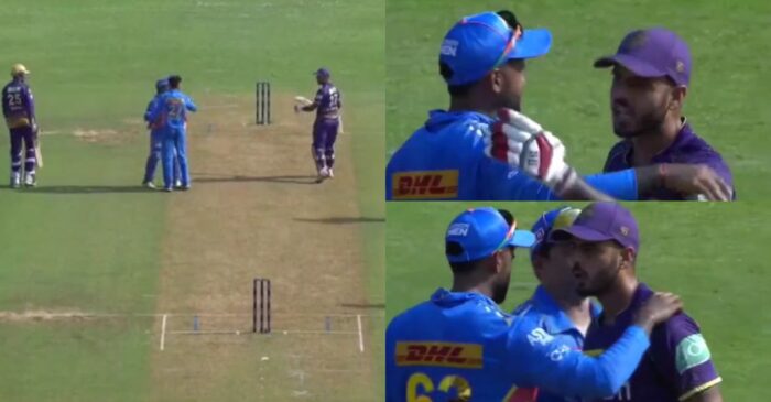 IPL 2023 [WATCH]: Suryakumar Yadav intervenes as Nitish Rana and Hrithik Shokeen indulge in a heated argument during MI-KKR clash