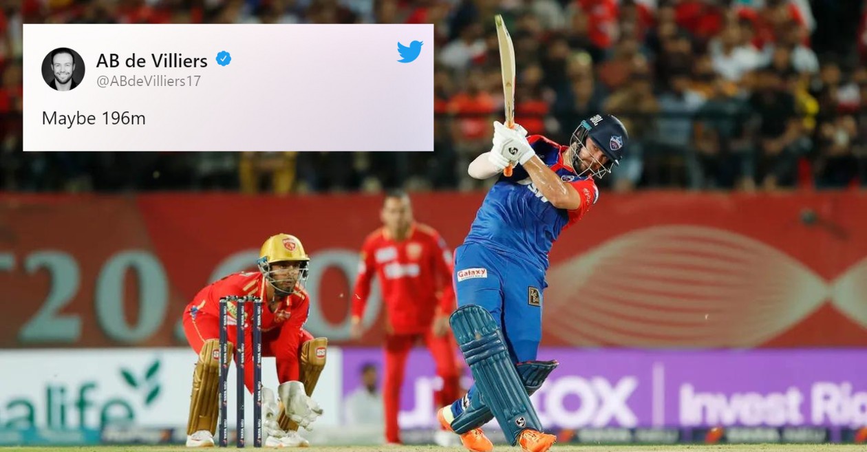 AB de Villers reacts to Rilee Rossouw’s massive six off Sam Curran’s delivery during the PBKS vs DC clash in IPL 2023