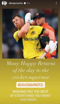 Allu Arjun's instagram story for David Warner