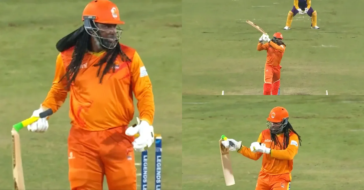 LLC 2023 [WATCH]: Chris Gayle’s powerful stroke breaks his bat during the match against Bhilwara Kings