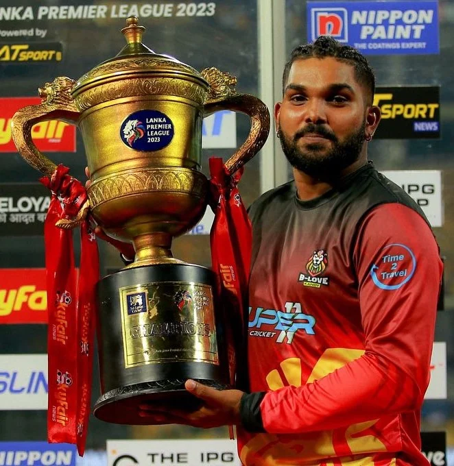 Wanindu Hasaranga with LPL Trophy