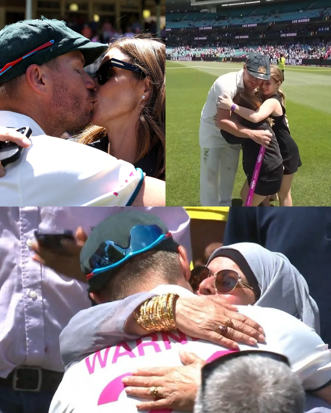 David Warner hugging his family and Usman Khawaja's mother