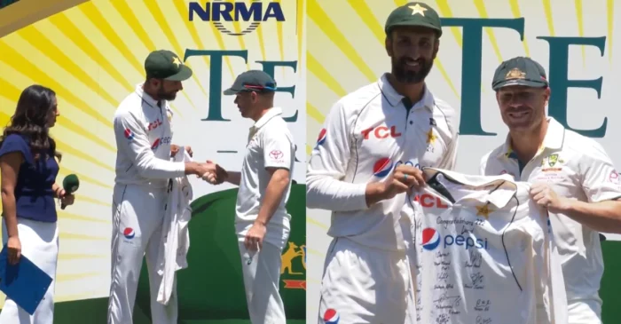 WATCH: Shan Masood gifts Babar Azam’s jersey to David Warner after SCG Test – AUS vs PAK 2023-24