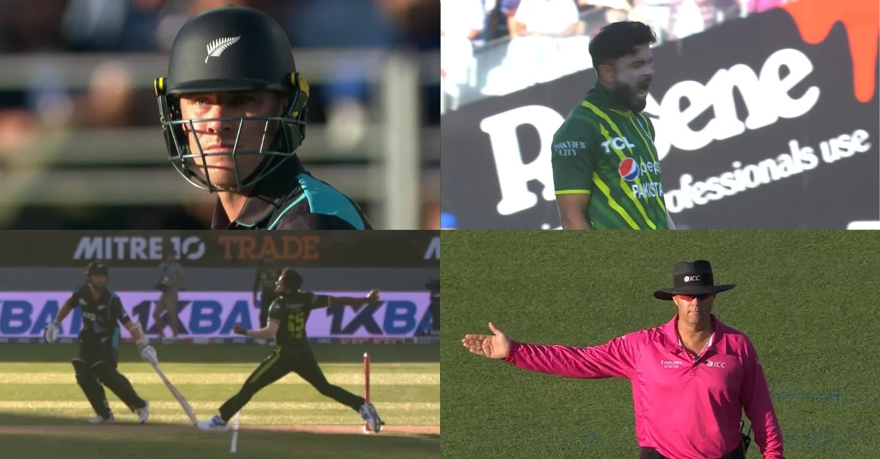 NZ vs PAK [WATCH]: Drama unfolds at Eden Park as no-ball eclipses Aamer Jamal’s fiery celebration on Finn Allen’s dismissal