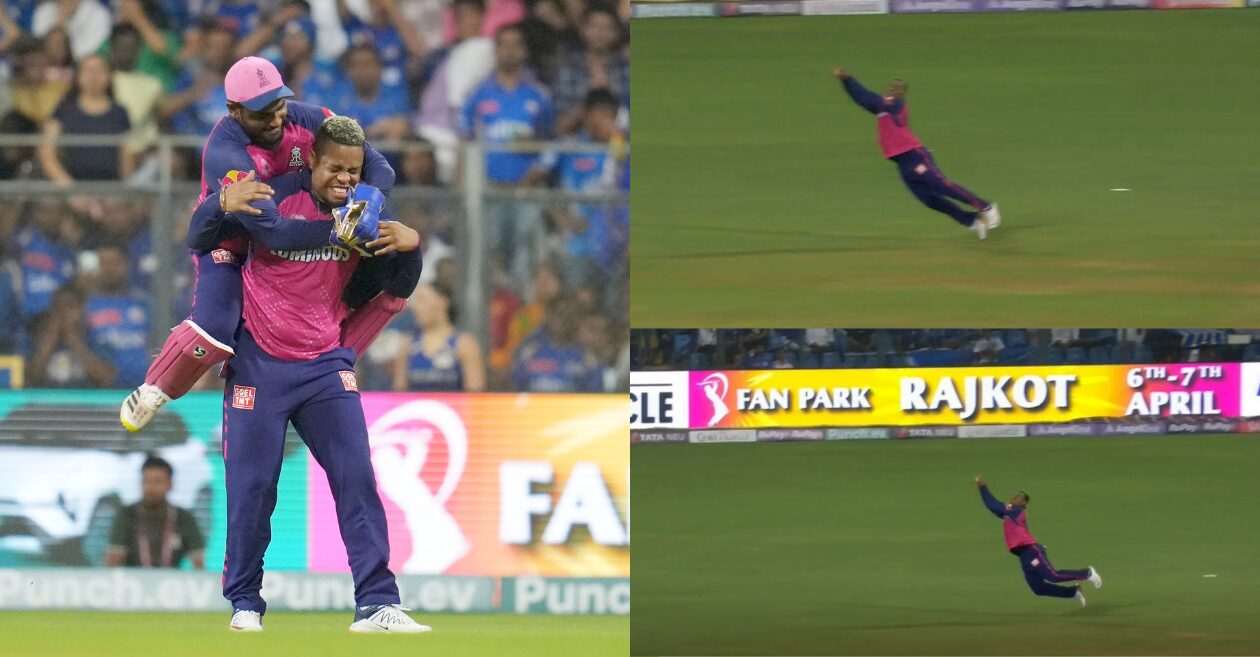 IPL 2024 [WATCH]: Shimron Hetmyer grabs a flying stunner to dismiss Piyush Chawla in MI vs RR clash