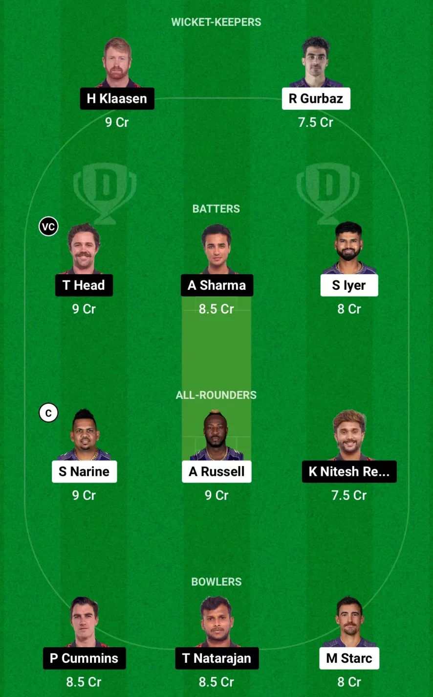 KKR vs SRH Fantasy Team (screengrab Dream 11)