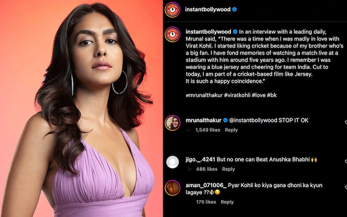 Mrunal Thakur slams a media outlet for resharing her old statement related to Virat Kohli