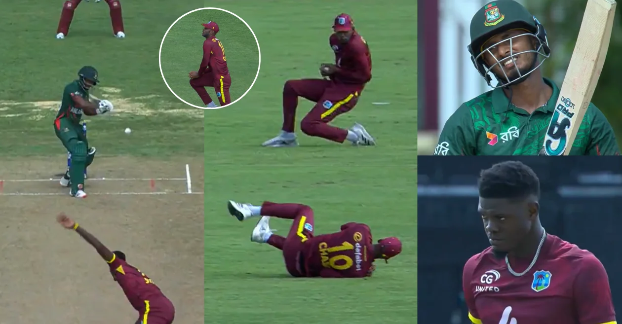 WI vs BAN [WATCH]: Roston Chase pulls off an outstanding catch to dismiss Tanzid Hasan in 1st ODI